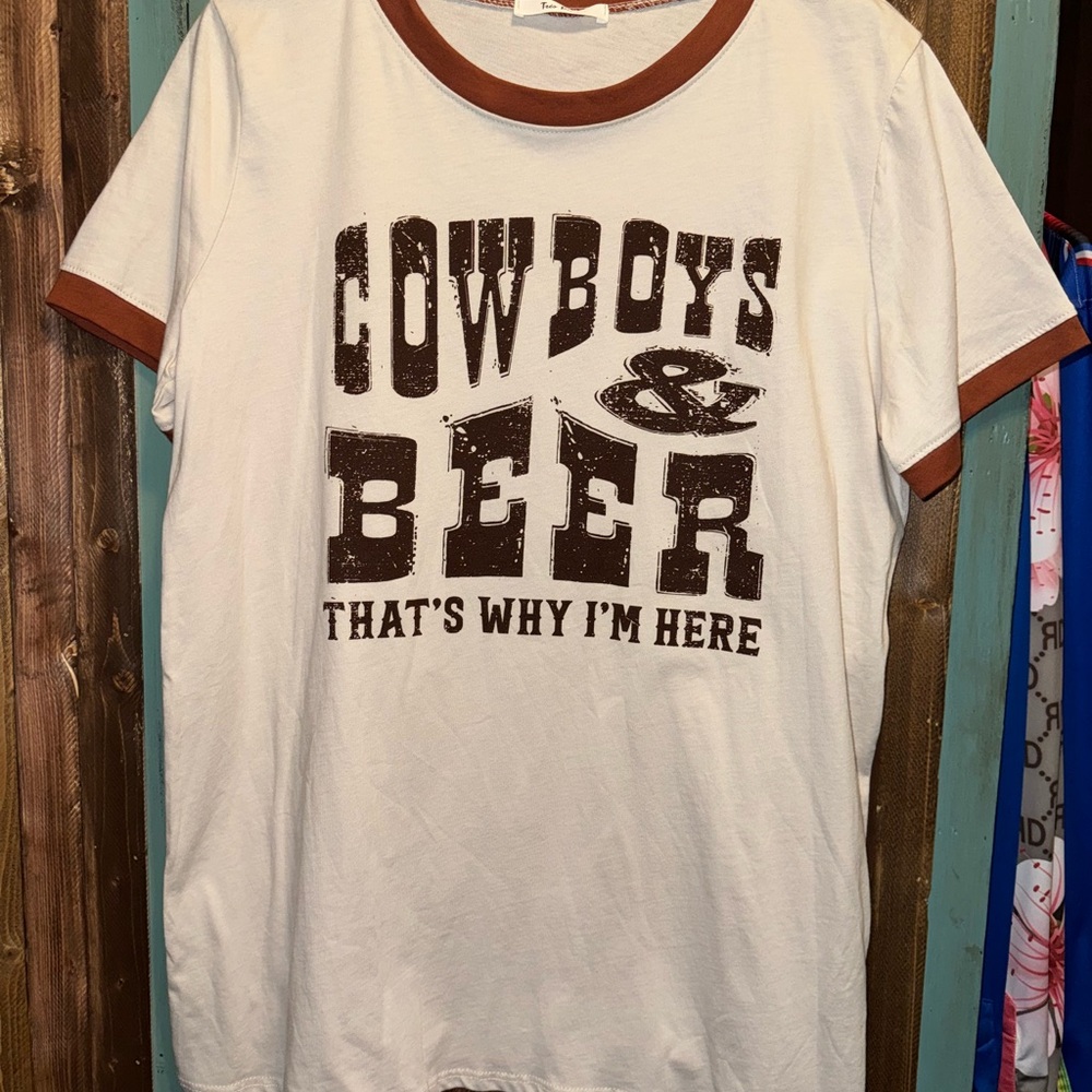 Tres Bien Cowboys & Beer Tee - White and Brown